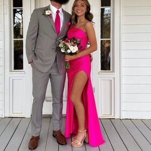 Sherri Hill Hot Pink One-Shoulder Gown with Slit